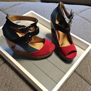 Qupid Red and Black Open-Toe Wedge Sandals